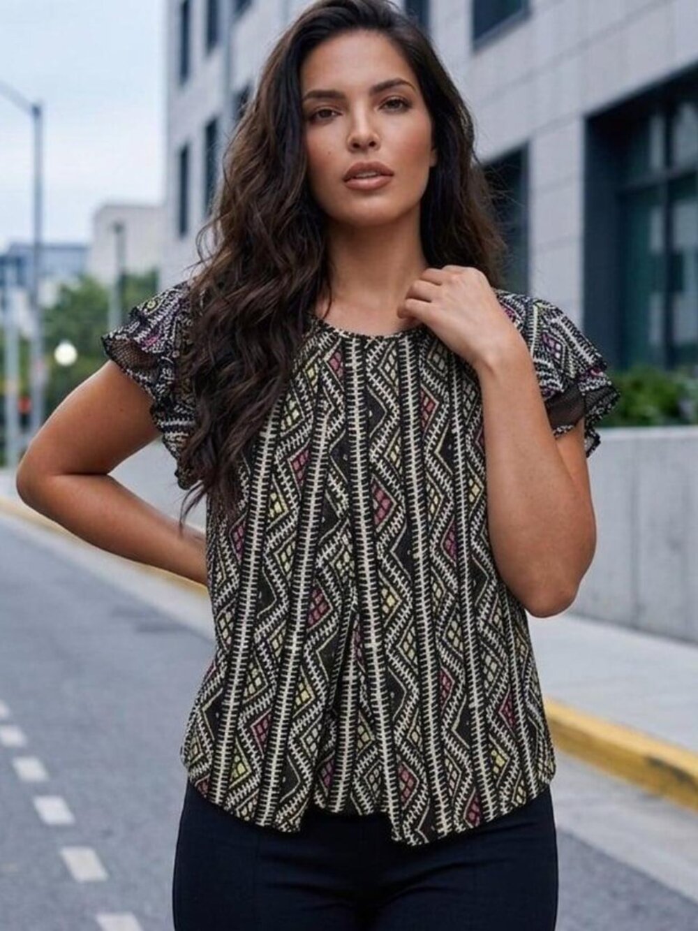 BCBGeneration Geo Pattern Ruffled Cap Sleeve Blouse, Size XXS